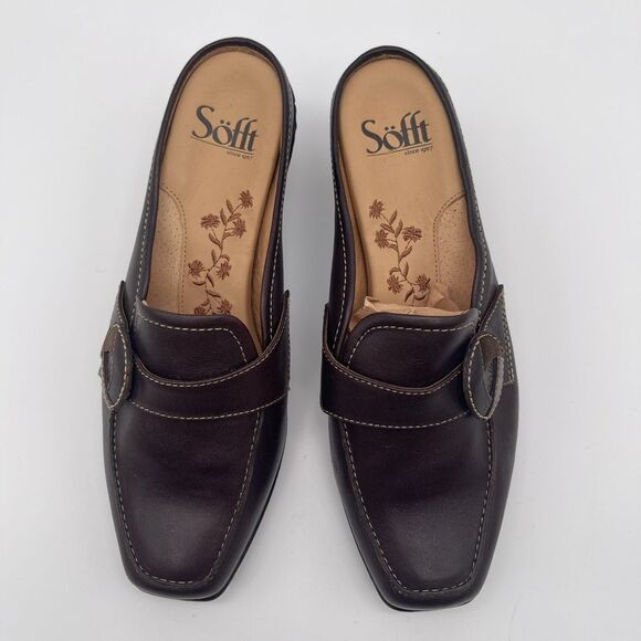 SOFFT Leather Slip-on Shoes Women’s Size 8.5 Cognac Brown Square Toe Kitten Heel - Picture 2 of 15